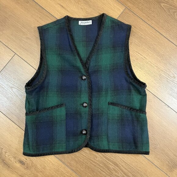 Jay Peters Vintage Green/Navy Tartan Plaid Print Button-up Vest Size L - Picture 1 of 8